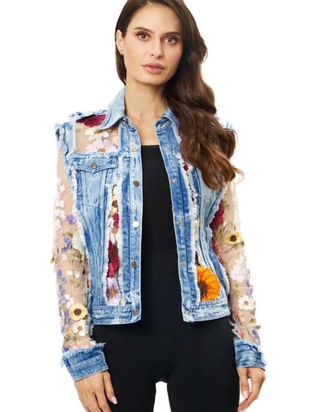 Embroidered Floral Denim Vest with Sheer Sleeves - Light Blue